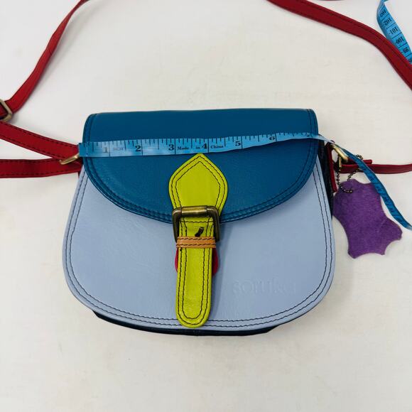 Soruka Colorblock Leather Crossbody Bag Blue Red Green Adjustable Strap Artisan - Picture 10 of 12